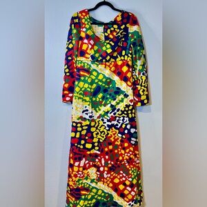 Vintage 70s Swirl Dress Psychedelic MOD Disco Pebble Maxi Empire Waist Retro M